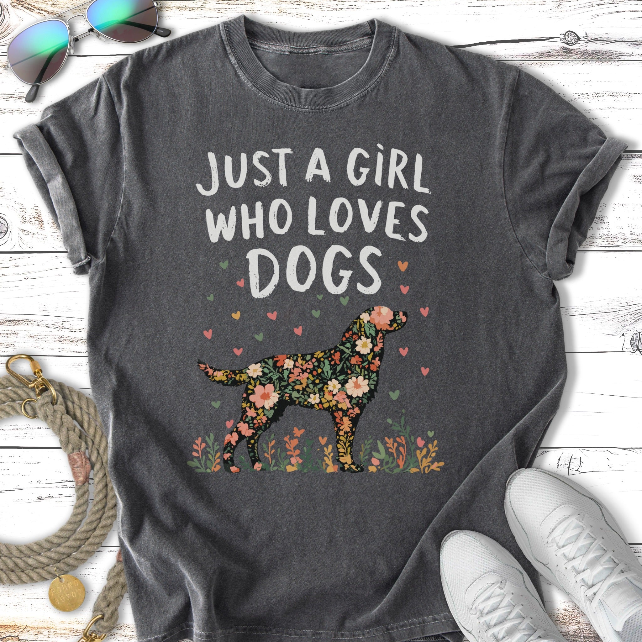 Floral dog illustration with text "JUST A GIRL WHO LOVES DOGS".