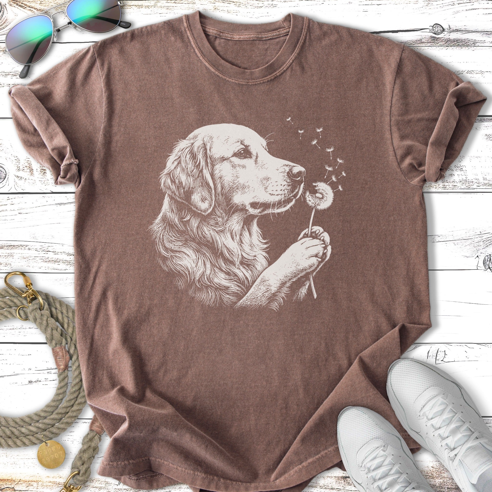 Golden retriever dog blowing dandelion seeds on a brown t-shirt.