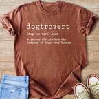 Brown t-shirt with "dogtrovert" definition printed on it.