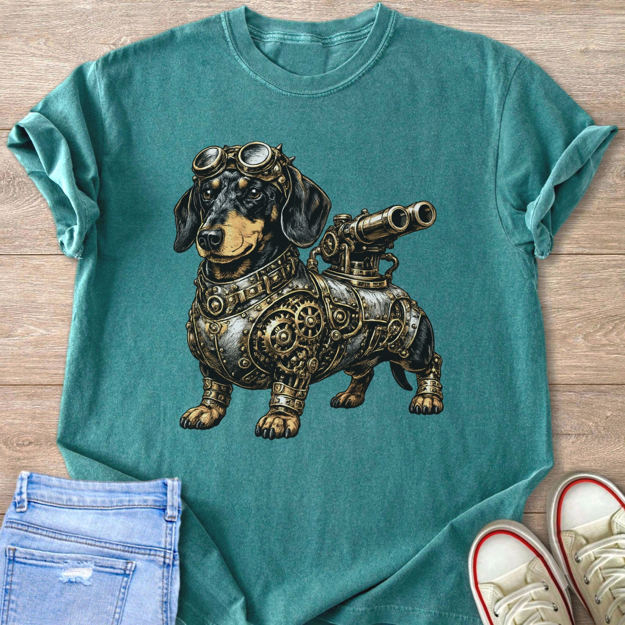 Steampunk dachshund with goggles and cannons on a teal t-shirt.