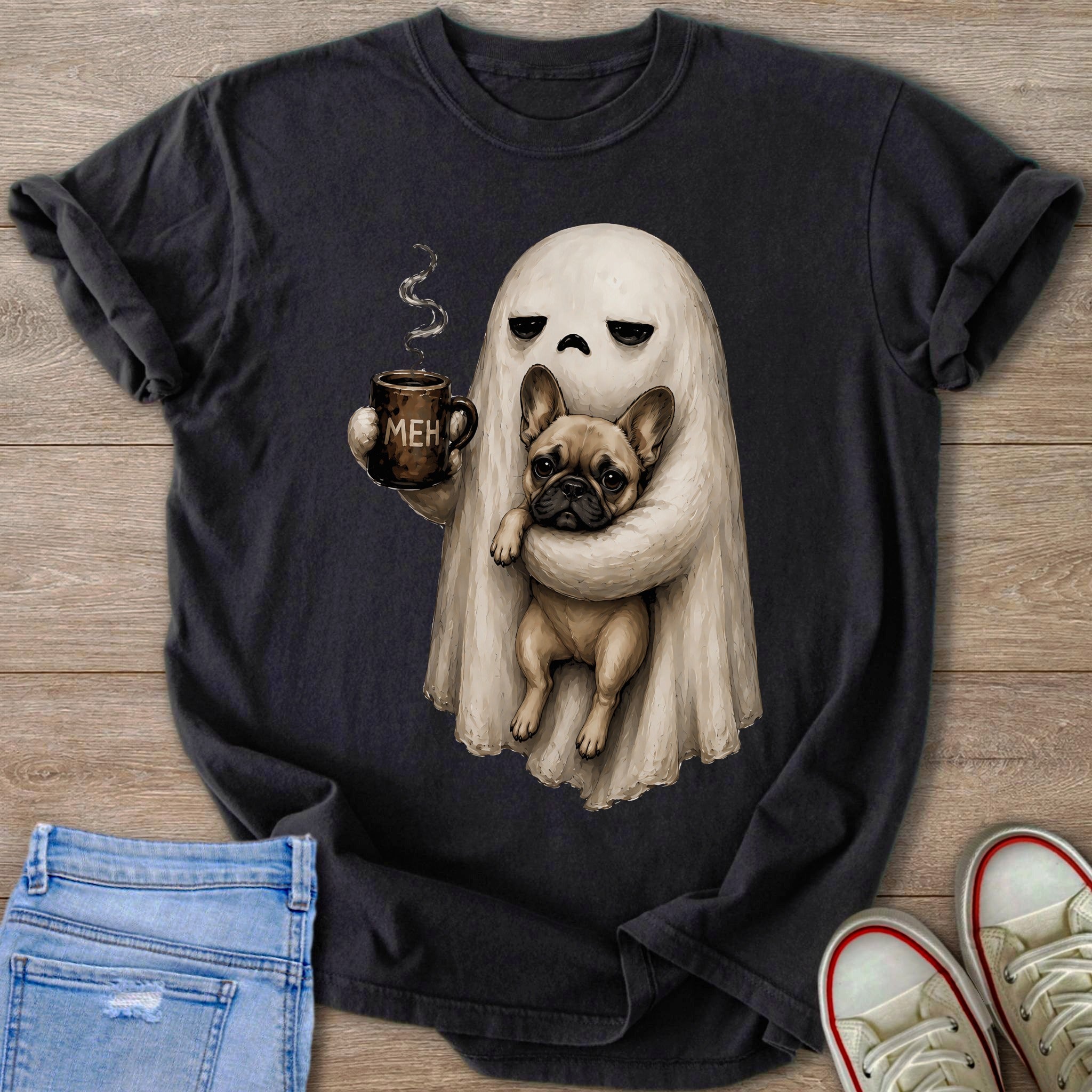 Ghost holding a French bulldog and a mug with "MEH" on it.