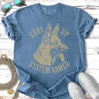 Blue t-shirt with tan German Shepherd graphic, "Ears Up System Armed" text.