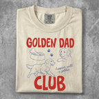 Cream t-shirt with "Golden Dad" and "Club" in red lettering with dog imagery.