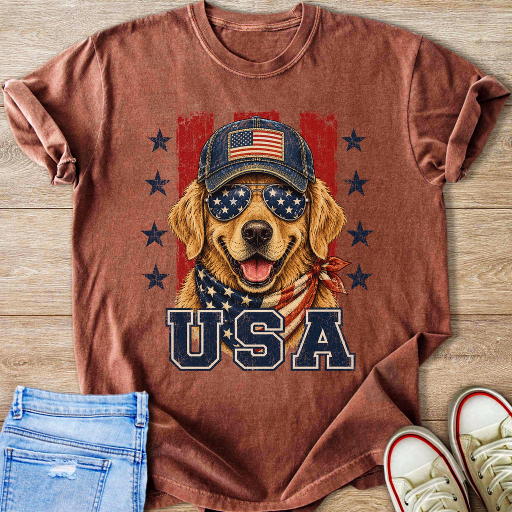 Golden retriever wearing patriotic hat sunglasses and bandana with "USA" text.