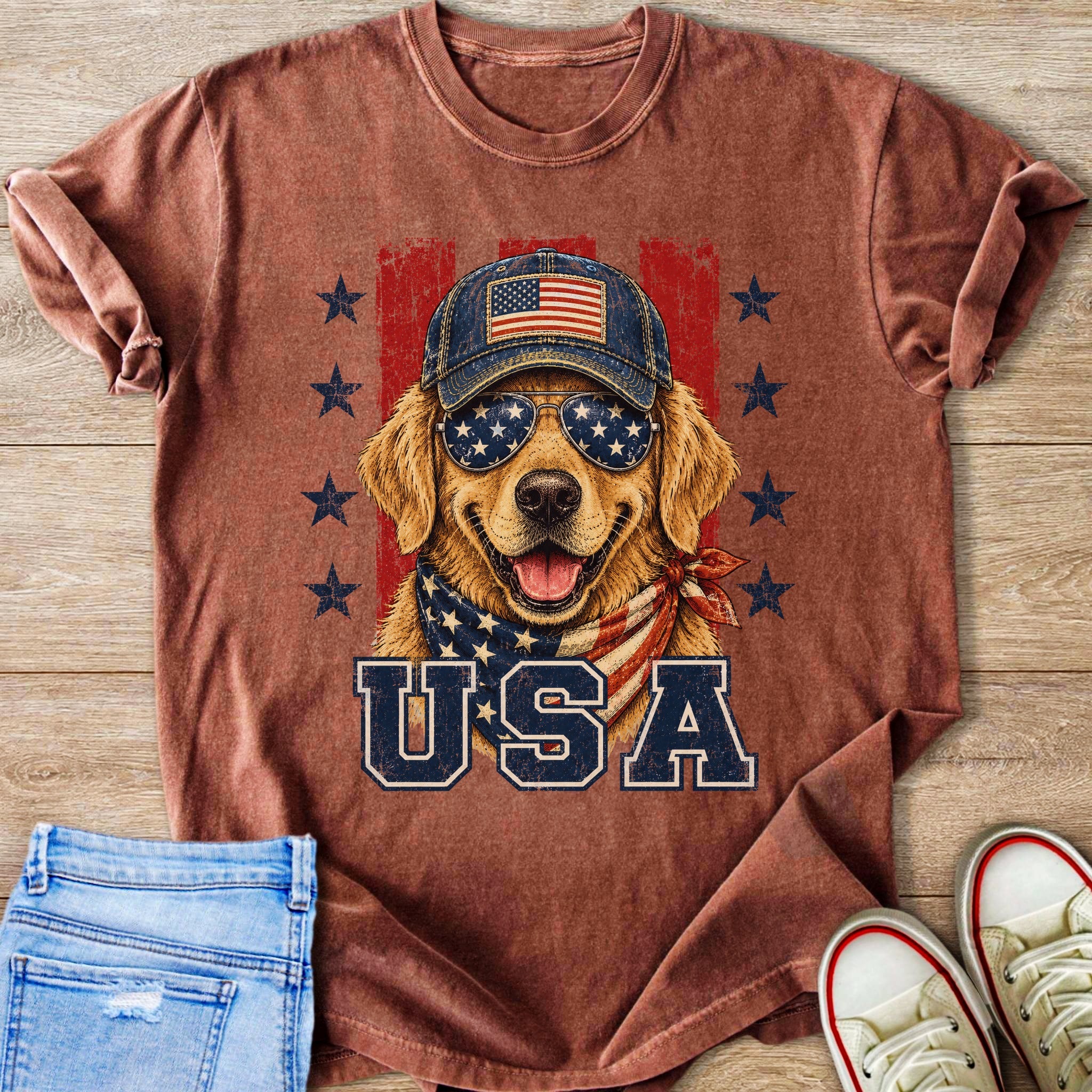 Golden retriever wearing patriotic hat sunglasses and bandana with "USA" text.