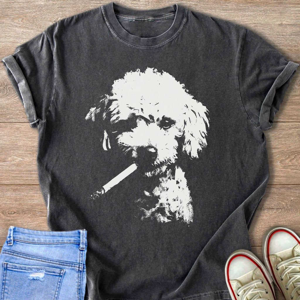 Dark grey t-shirt with a white graphic of a poodle smoking a cigarette.