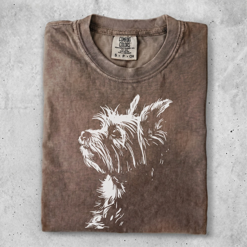 Brown t-shirt with a white dog silhouette and Comfort Colors logo.