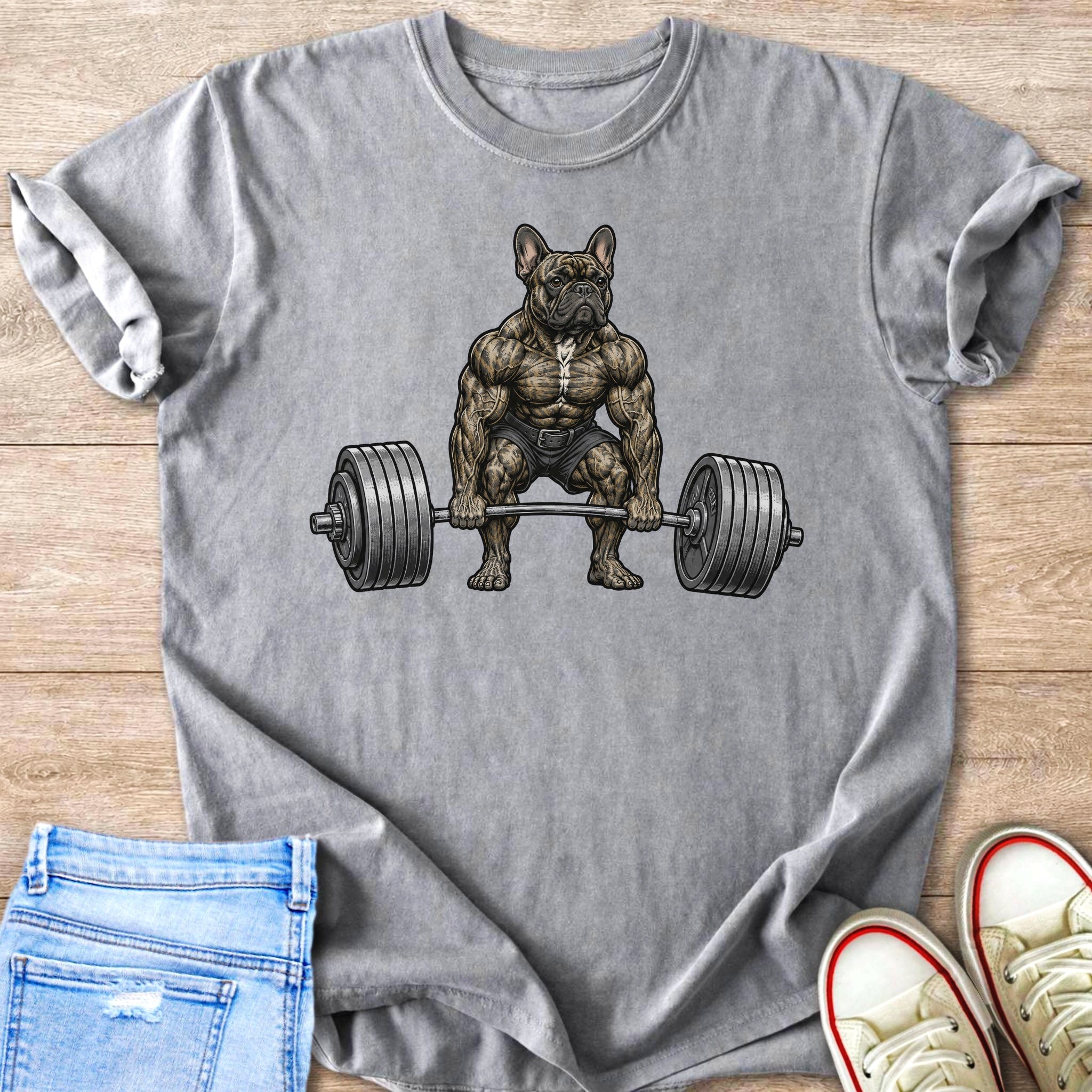 Muscle-bound French bulldog lifting a barbell on a grey t-shirt.