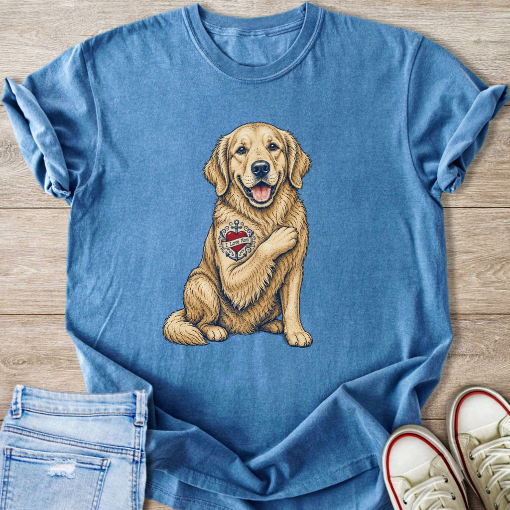 Golden retriever with "I Love Mom" tattoo on blue t-shirt with jeans and shoes.