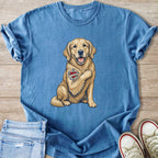 Golden retriever with "I Love Mom" tattoo on blue t-shirt with jeans and shoes.