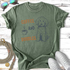Green t-shirt with "Coffee and Doodles" text and a doodle dog graphic.