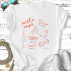 White t-shirt with red line art of dog breeds resembling pasta shapes.