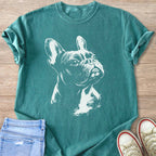 Teal t-shirt with white French Bulldog sketch and distressed denim shorts.