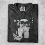 Black t-shirt with white dog wearing sunglasses and drinking a milkshake.
