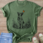 Green t-shirt with a drawing of a German Shepherd and a monarch butterfly.