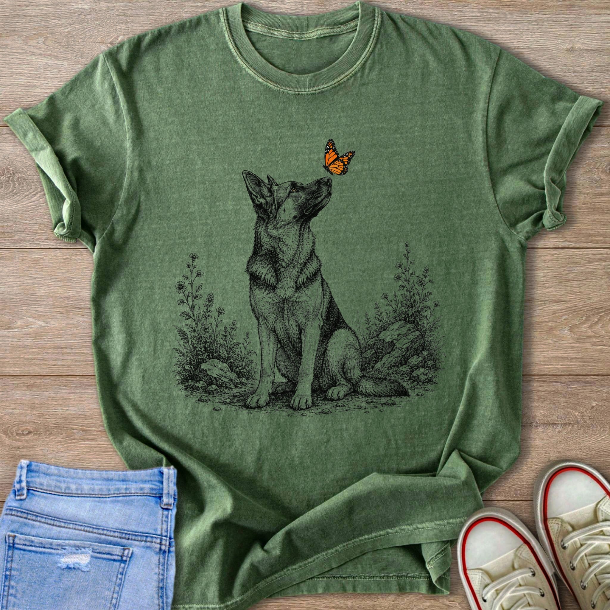 Green t-shirt with a drawing of a German Shepherd and a monarch butterfly.