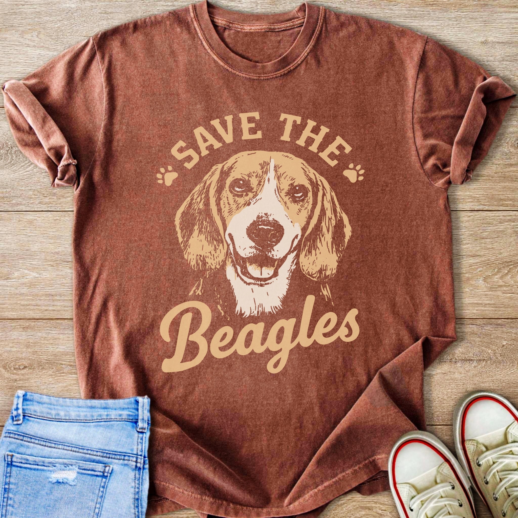 T-shirt with beagle illustration and "Save the Beagles" text.