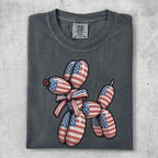 Dark gray t-shirt with an American flag balloon dog graphic.