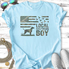 Light blue t-shirt with camouflage American flag and "LOCAL SOUTHERN BOY" text.