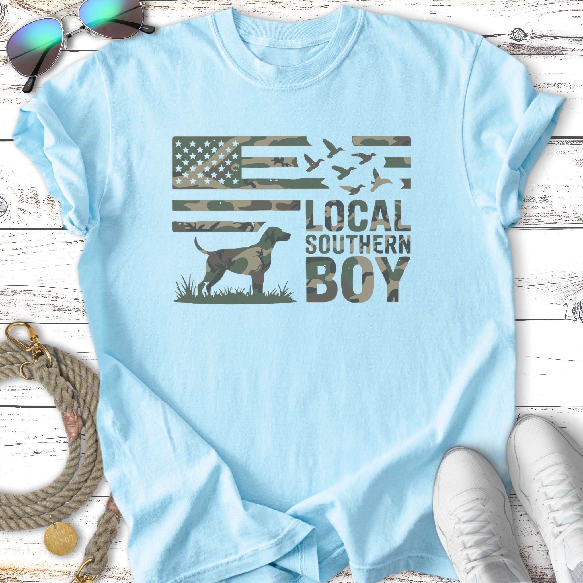 Light blue t-shirt with camouflage American flag and "LOCAL SOUTHERN BOY" text.