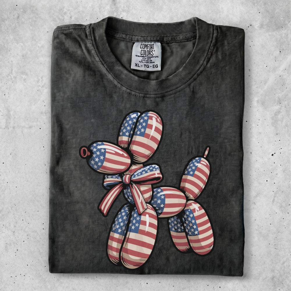 Black t-shirt with a balloon dog design in American flag pattern.