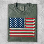 Green t-shirt with a patriotic dachshund flag design.