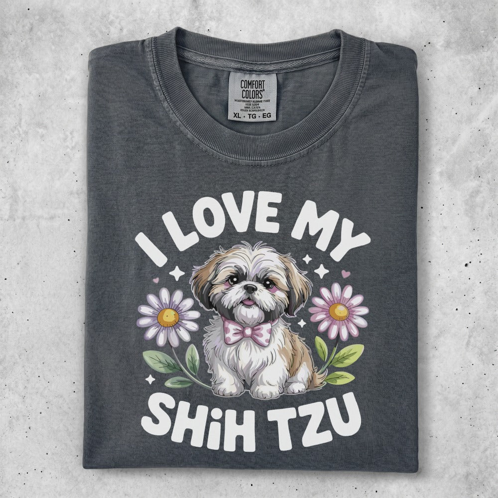 Dark gray t-shirt with "I love my Shih Tzu" and dog illustration.