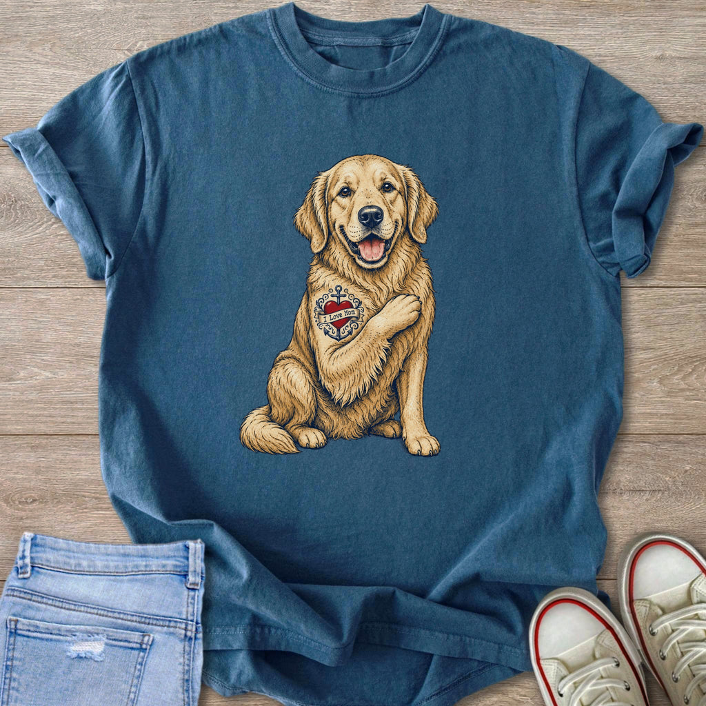 Blue t-shirt with a Golden Retriever graphic wearing an "I Love Mom" tattoo.