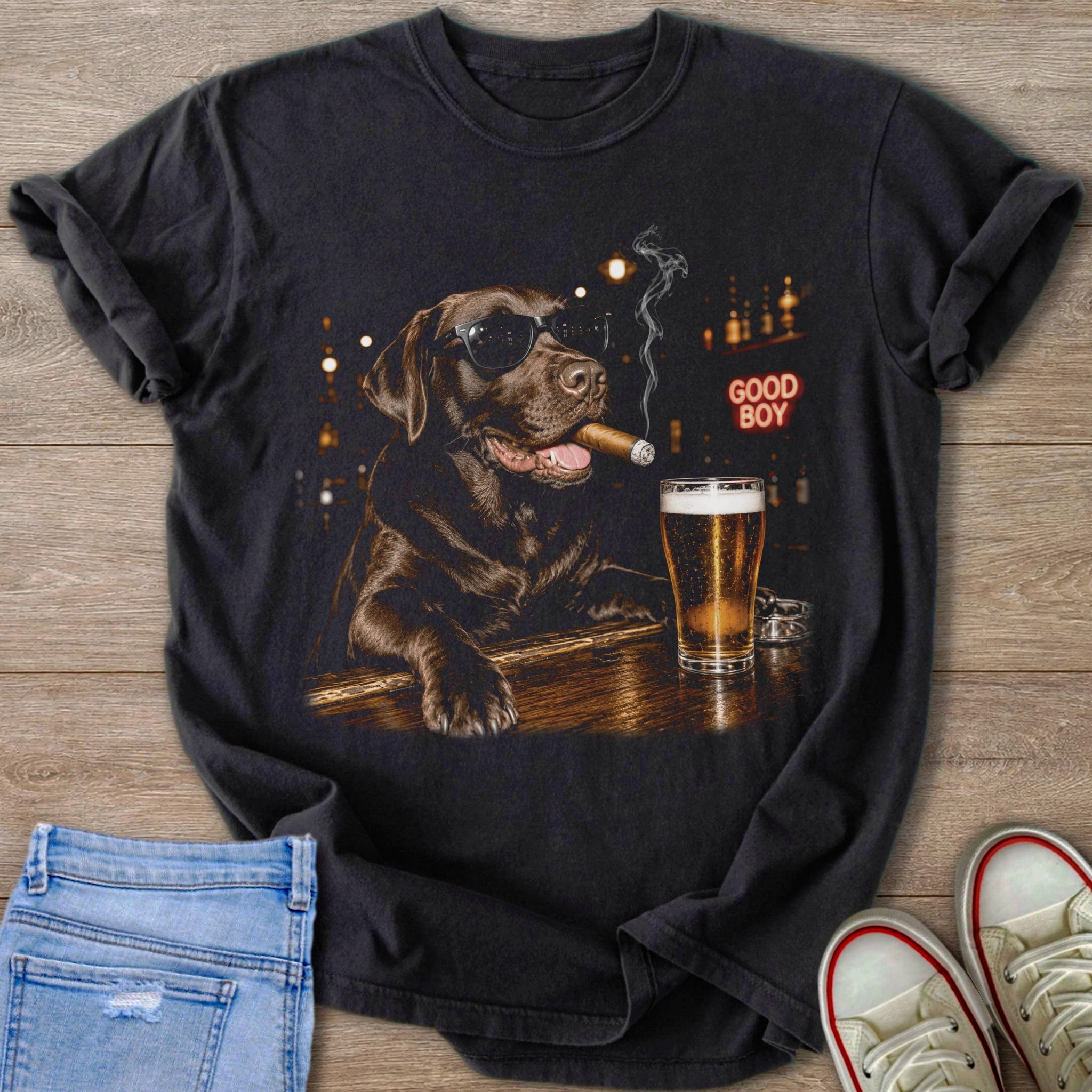 Chocolate lab wearing sunglasses smokes cigar beside beer with "GOOD BOY" text.