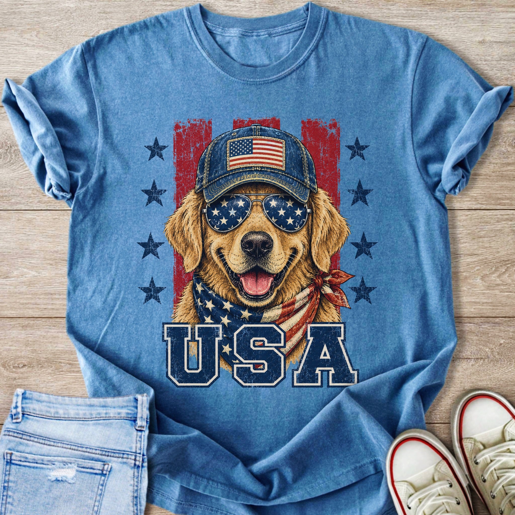 Golden retriever dog wearing patriotic sunglasses, baseball cap, and bandana with "USA" text.