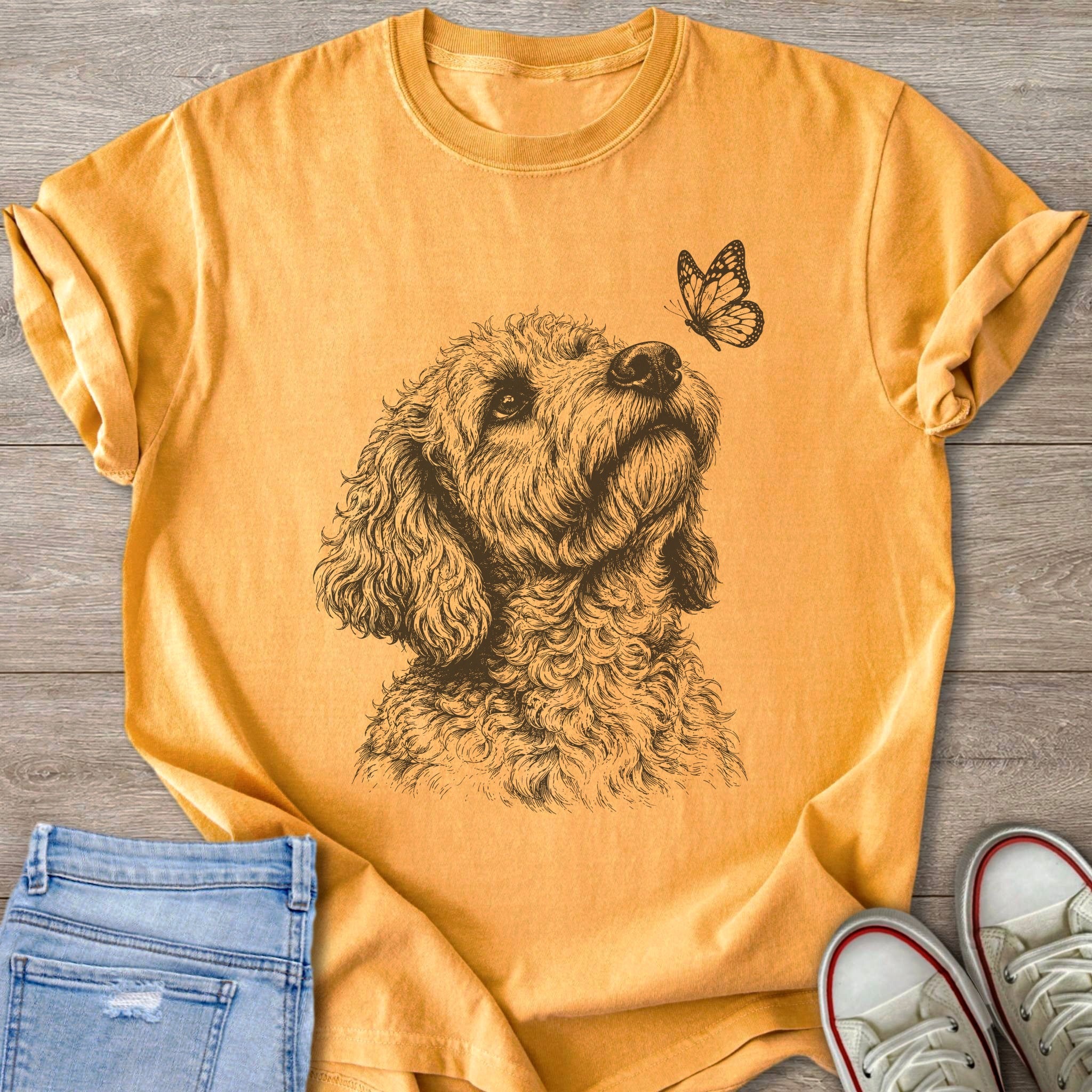 Gold t-shirt with line drawing of dog looking at butterfly.