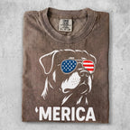 Rottweiler wearing sunglasses with American flag pattern and "MERICA" text.