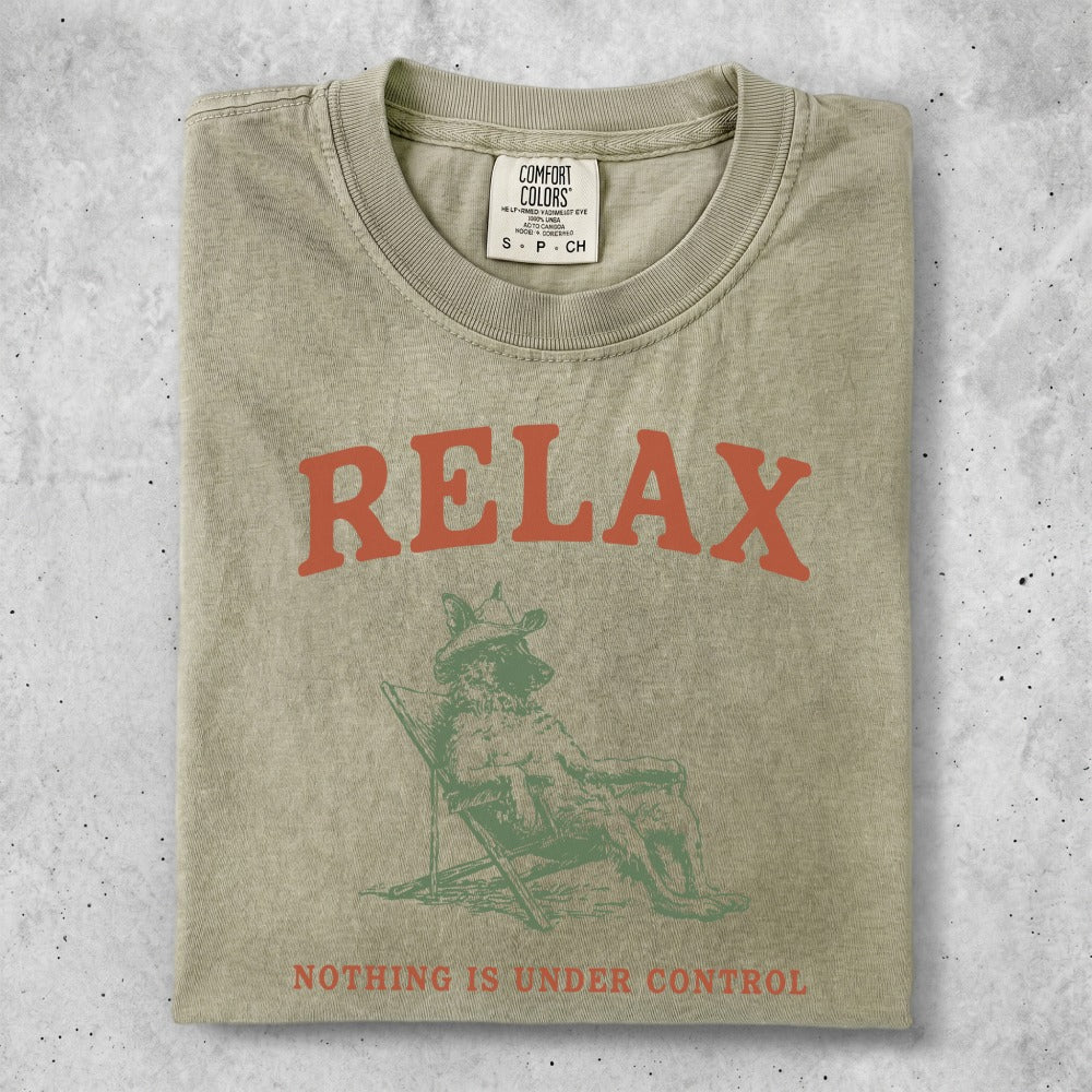 T-shirt with a dog in a hat relaxing in a chair, text reads "RELAX NOTHING IS UNDER CONTROL".