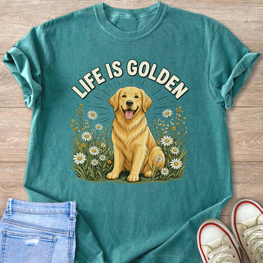 Teal graphic t-shirt with a golden retriever and text "LIFE IS GOLDEN".