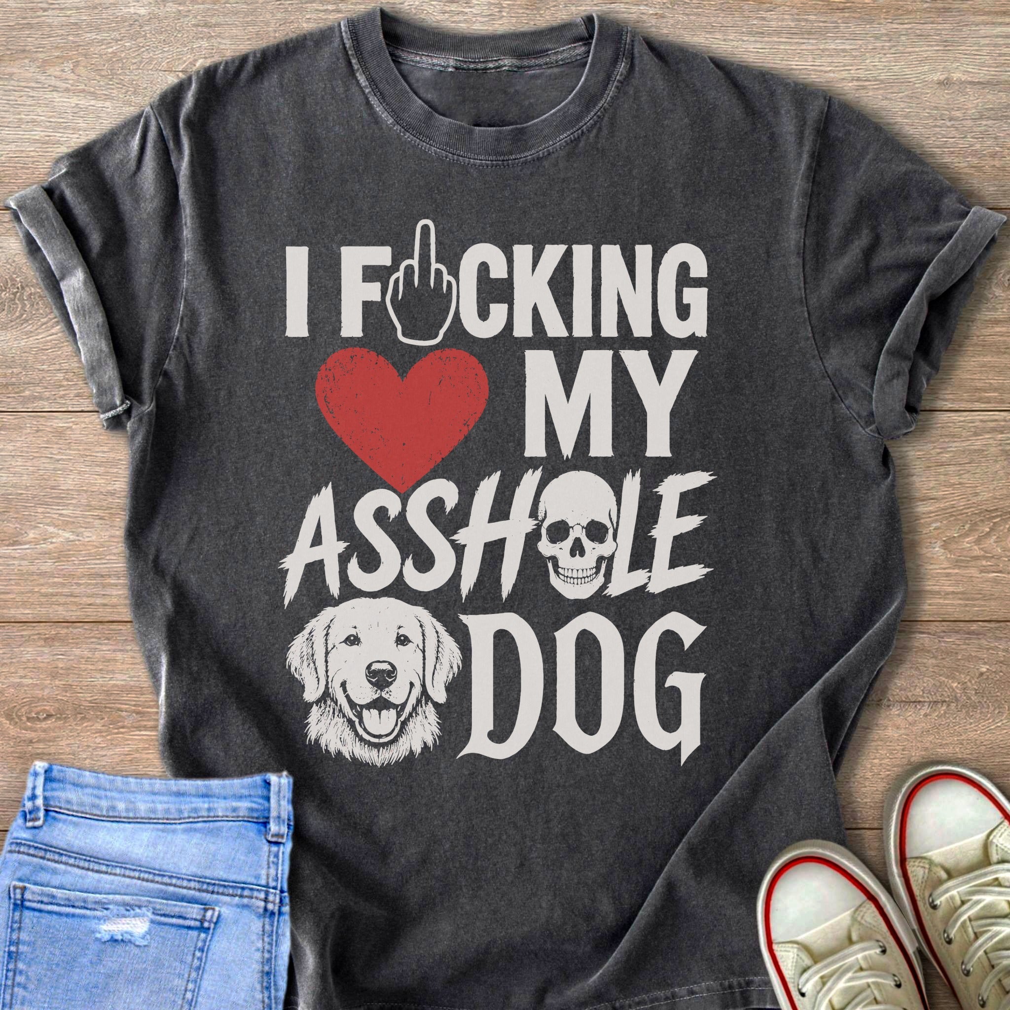 Dark t-shirt with white text and graphics about a dog.
