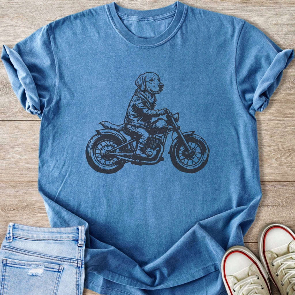 Blue t-shirt with a graphic of a dog riding a motorcycle.