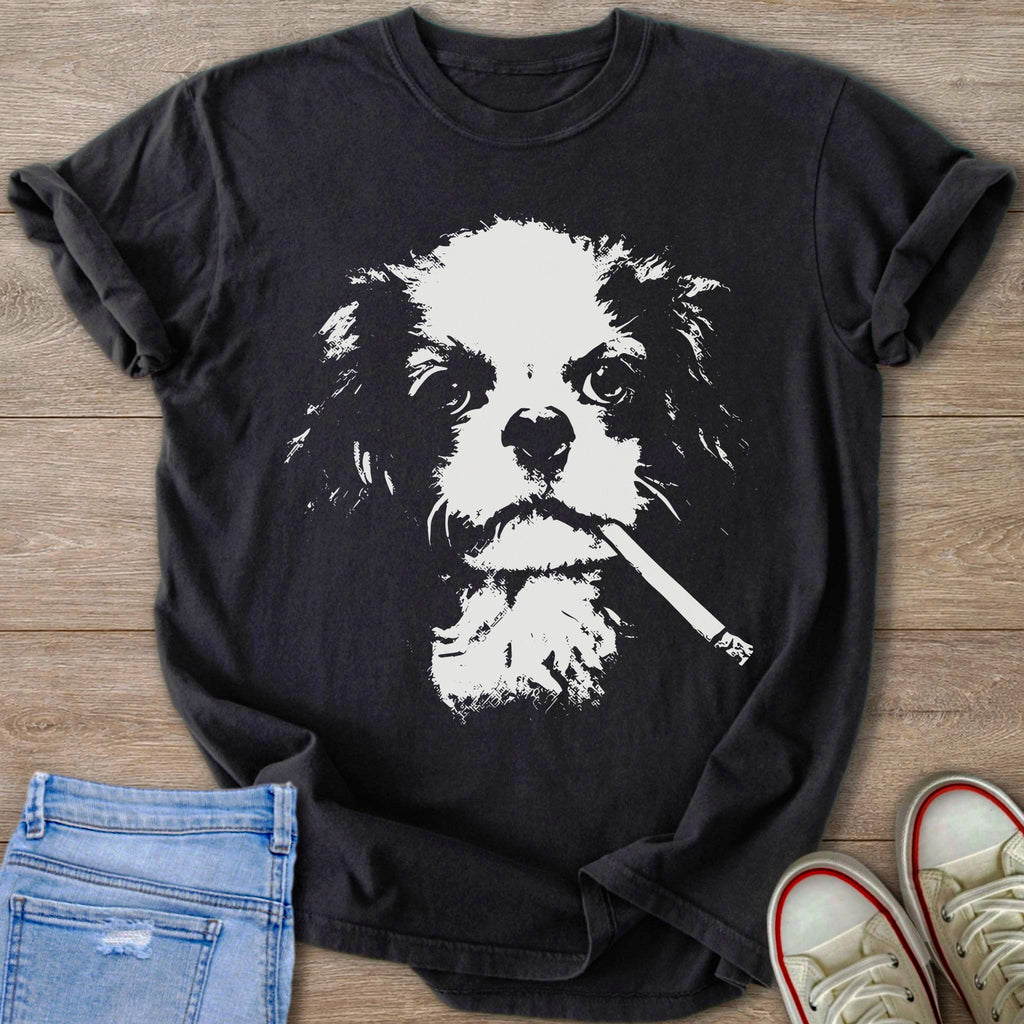 Black t-shirt with white graphic of a dog holding a cigarette in its mouth.