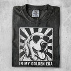 Black t-shirt with a graphic of a Golden Retriever wearing sunglasses.