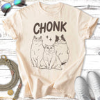 Cream t-shirt with line drawing of three chunky cats and the word "CHONK".