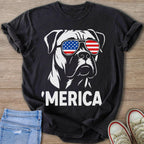 Black t-shirt with white boxer dog wearing American flag sunglasses and "MERICA" text.