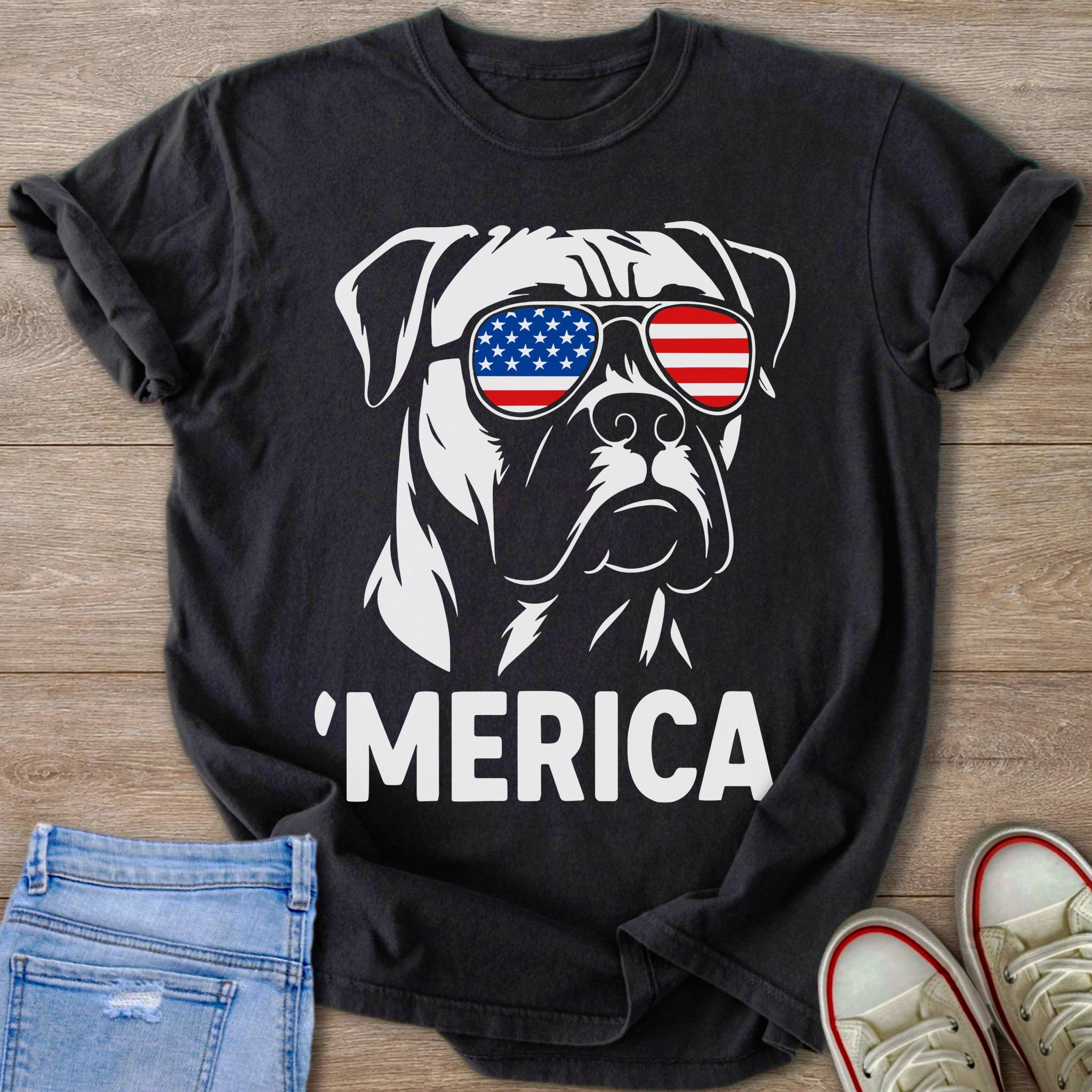 Black t-shirt with white boxer dog wearing American flag sunglasses and "MERICA" text.