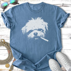 Blue t-shirt featuring a white distressed graphic of a dog with a cigarette.