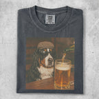 Bernese Mountain Dog wearing sunglasses and hat pours beer into a mug.