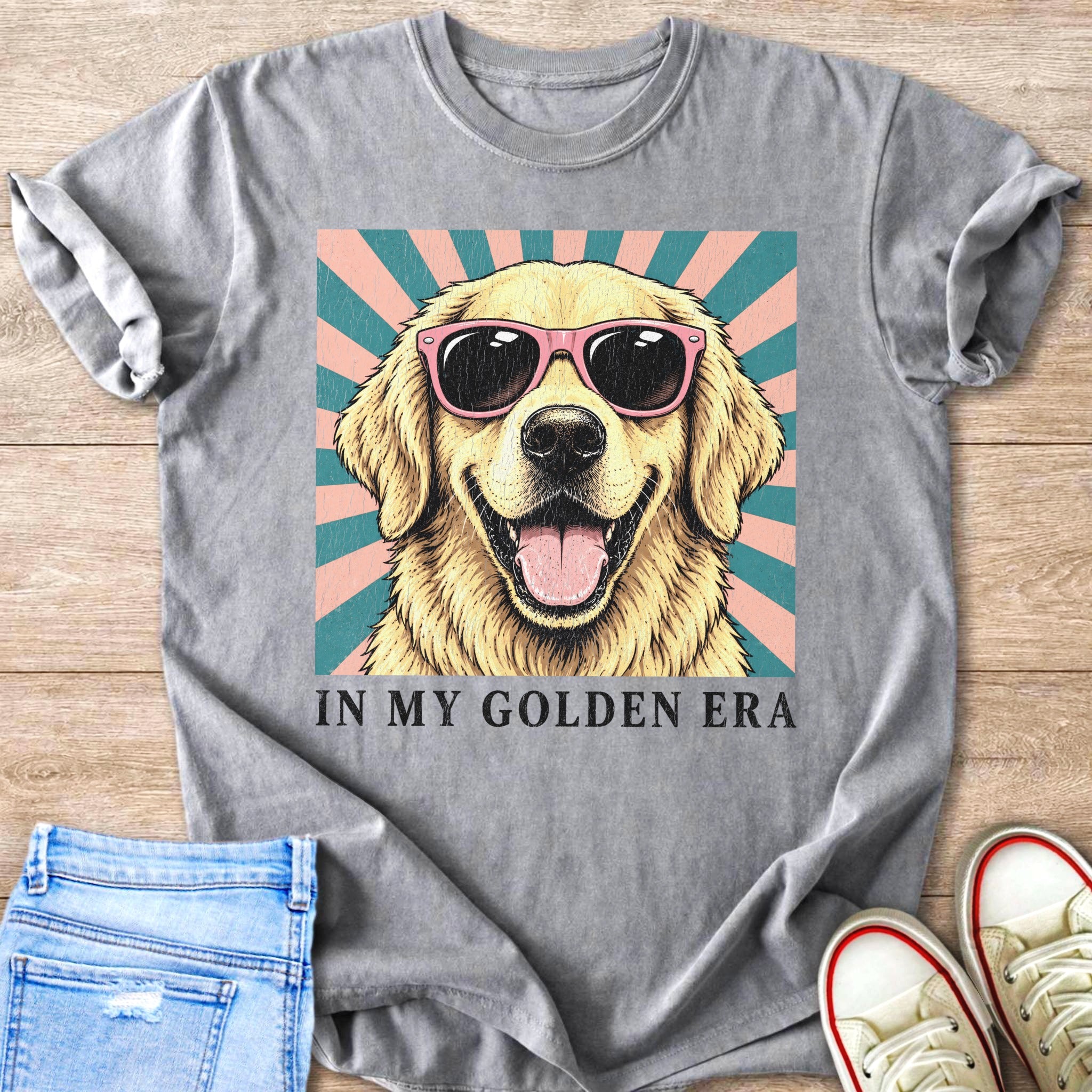 Gray t-shirt with smiling golden retriever wearing sunglasses and text "IN MY GOLDEN ERA".