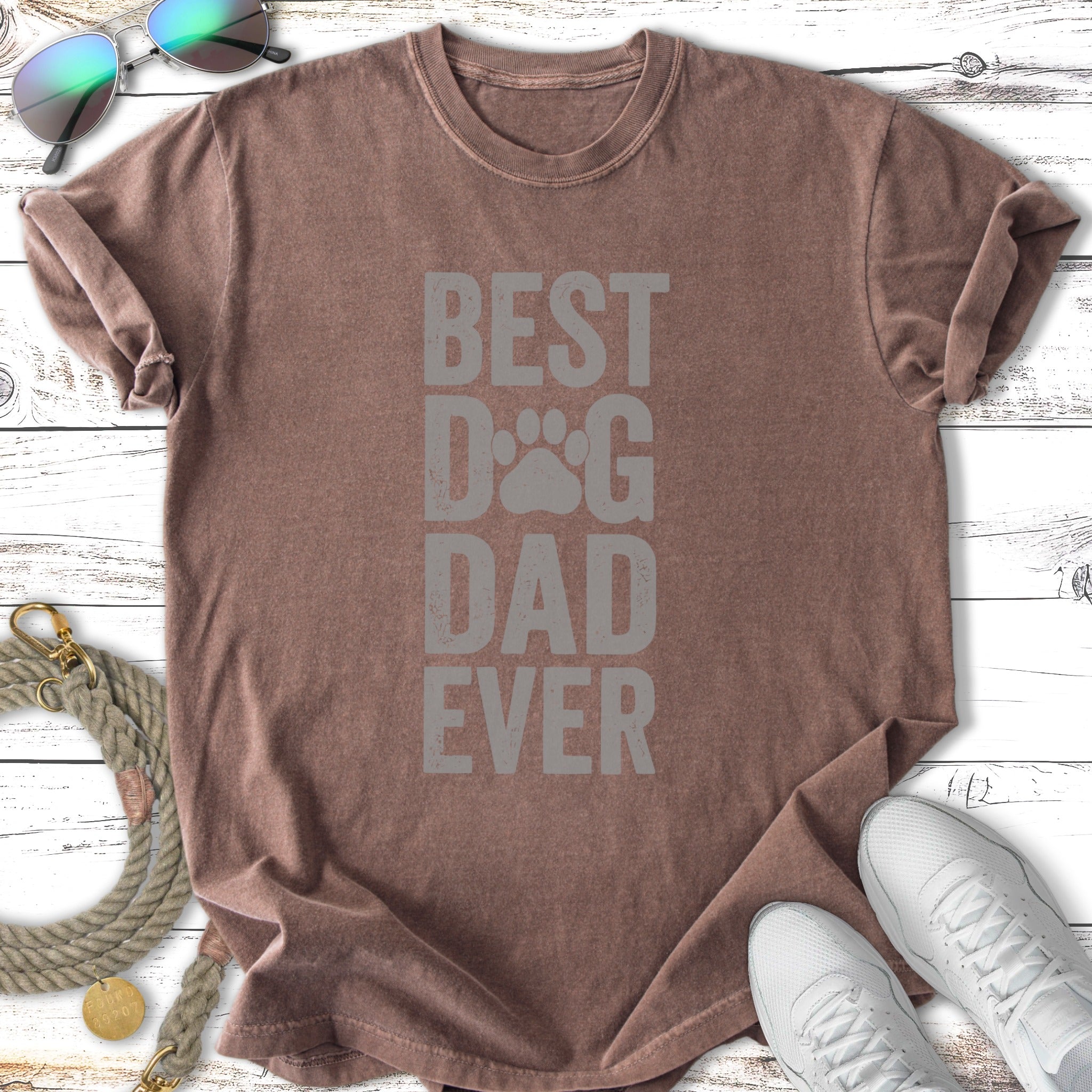 Brown t-shirt with "BEST DOG DAD EVER" in large gray text.