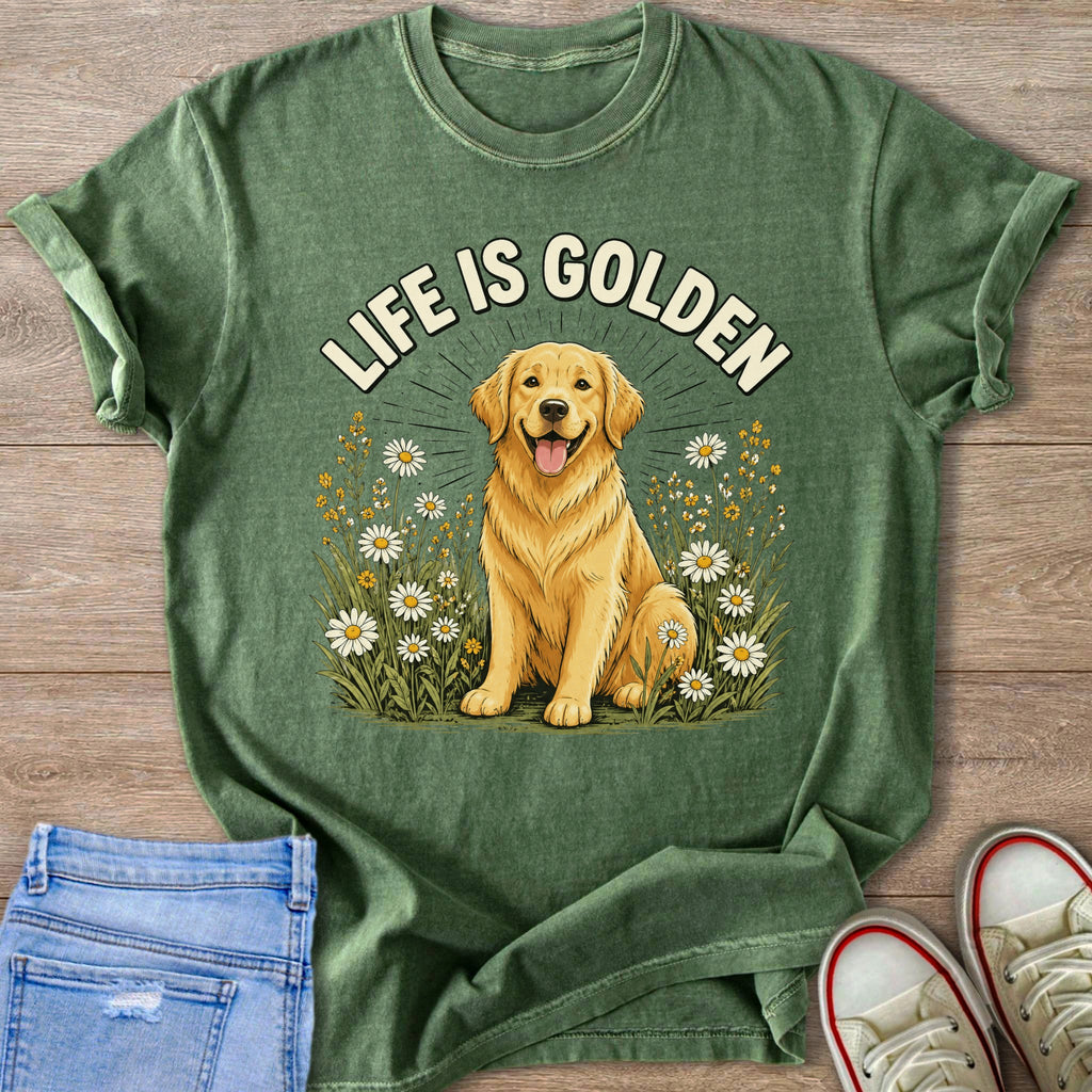 Green t-shirt with golden retriever sitting in flowers, text reads "LIFE IS GOLDEN".