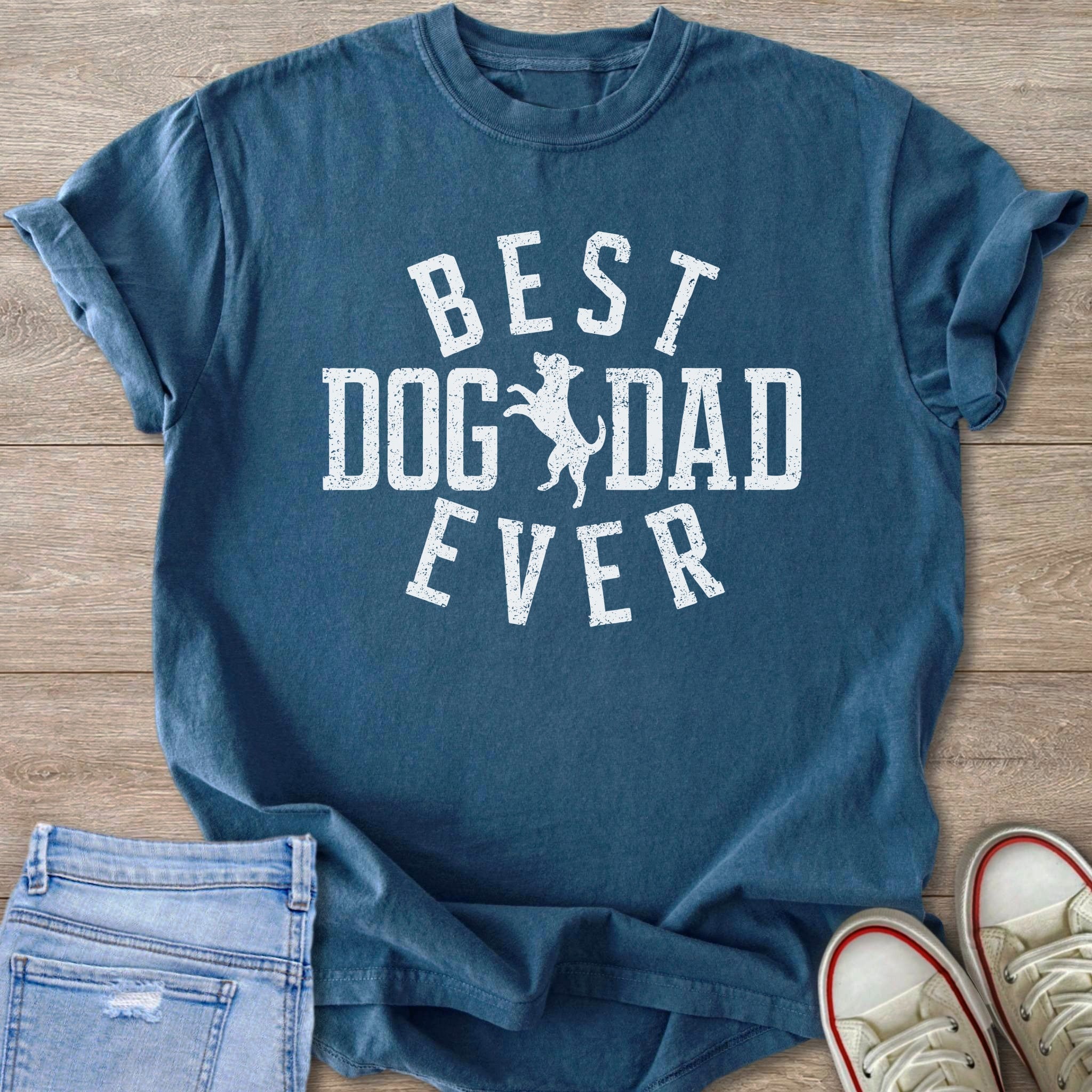 Blue t-shirt with white text "BEST DOG DAD EVER" and a dog graphic.