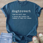 Blue t-shirt with "dogtrovert" definition printed in white text.