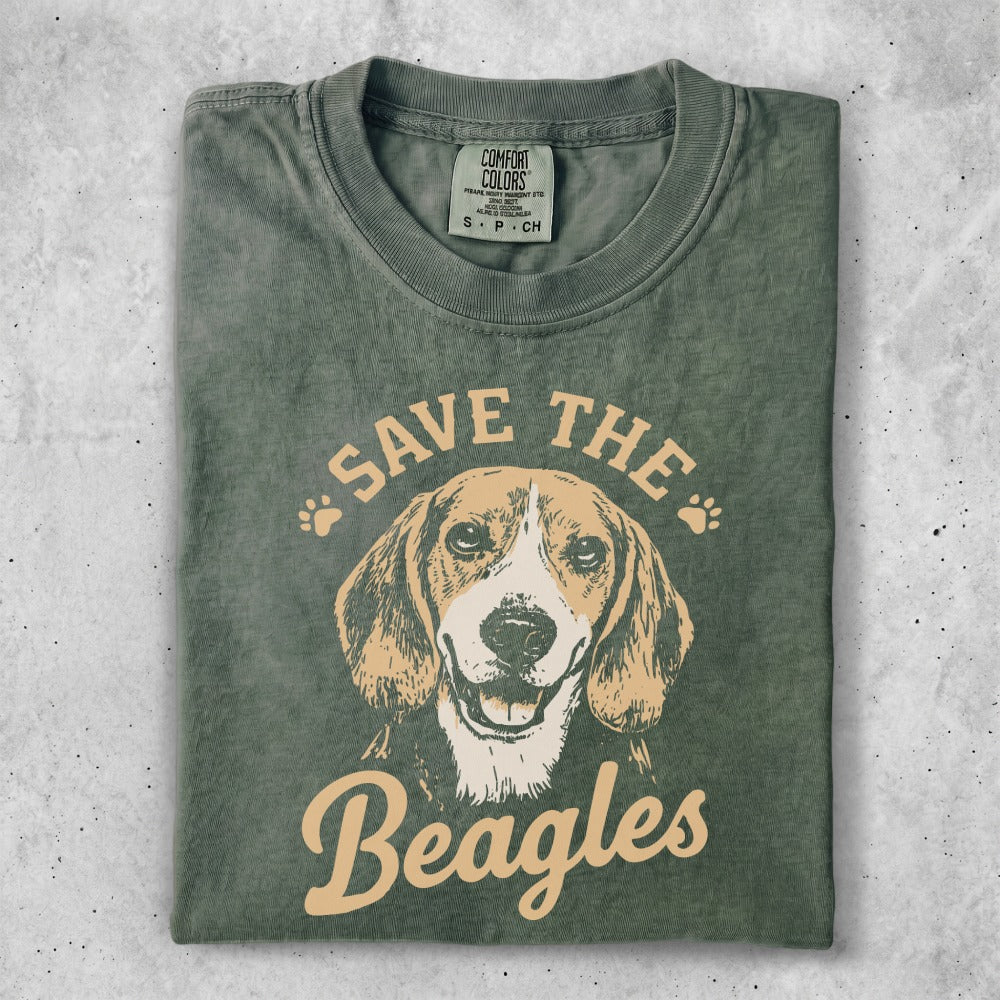 Green t-shirt with "SAVE THE Beagles" text and beagle dog illustration.