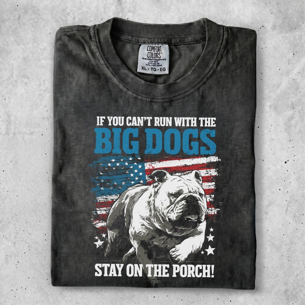 Bulldog and American flag graphic on black t-shirt with text.